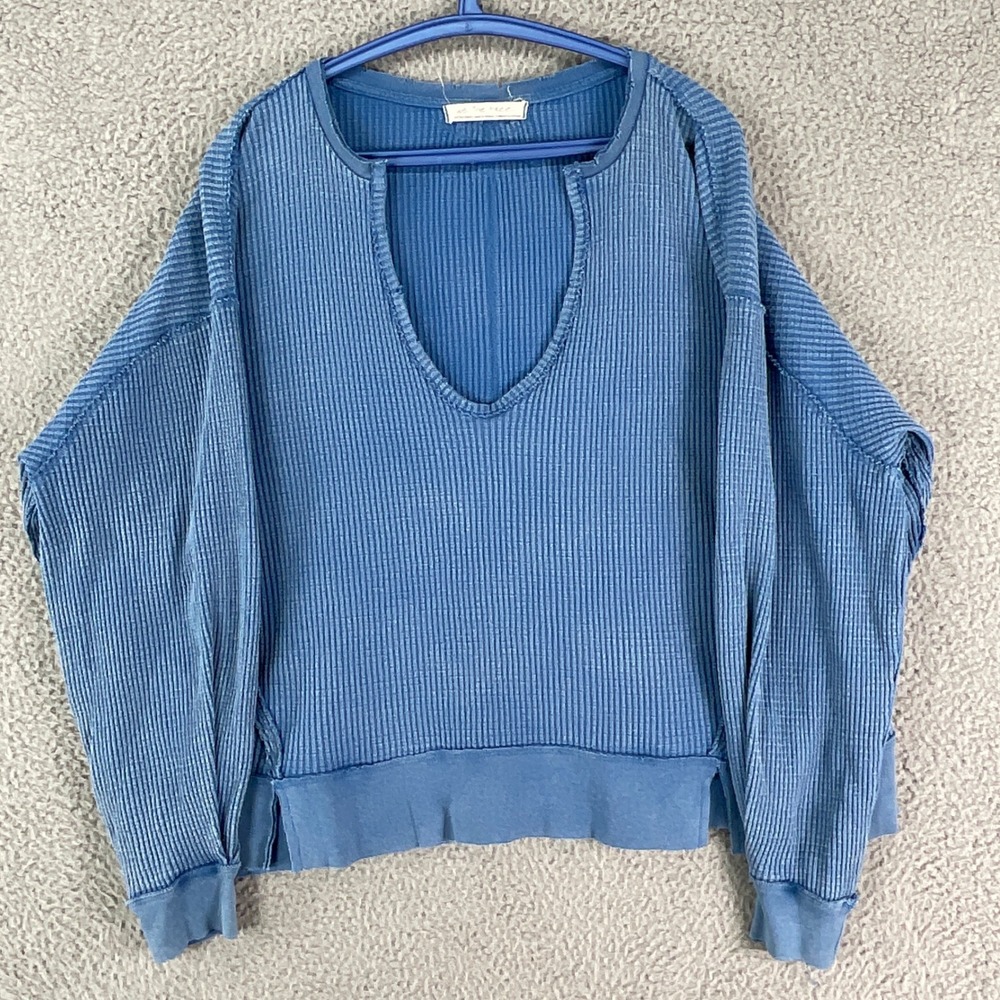 Free People We The Free Thermal Top Women L Blue Waffle Knit Boho V-Neck Slouchy
